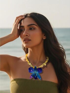 Yellow  jade Bead Necklace with Blue real Orchid Pendant - Women Jewelry
